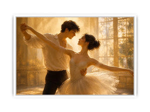 Romantic dancing couple wall art with golden light, elegant ballet canvas print, luxury love painting for bedroom and living room decor