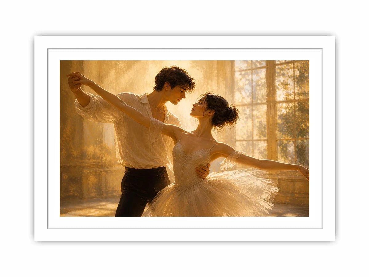 Romantic dancing couple wall art with golden light, elegant ballet canvas print, luxury love painting for bedroom and living room decor