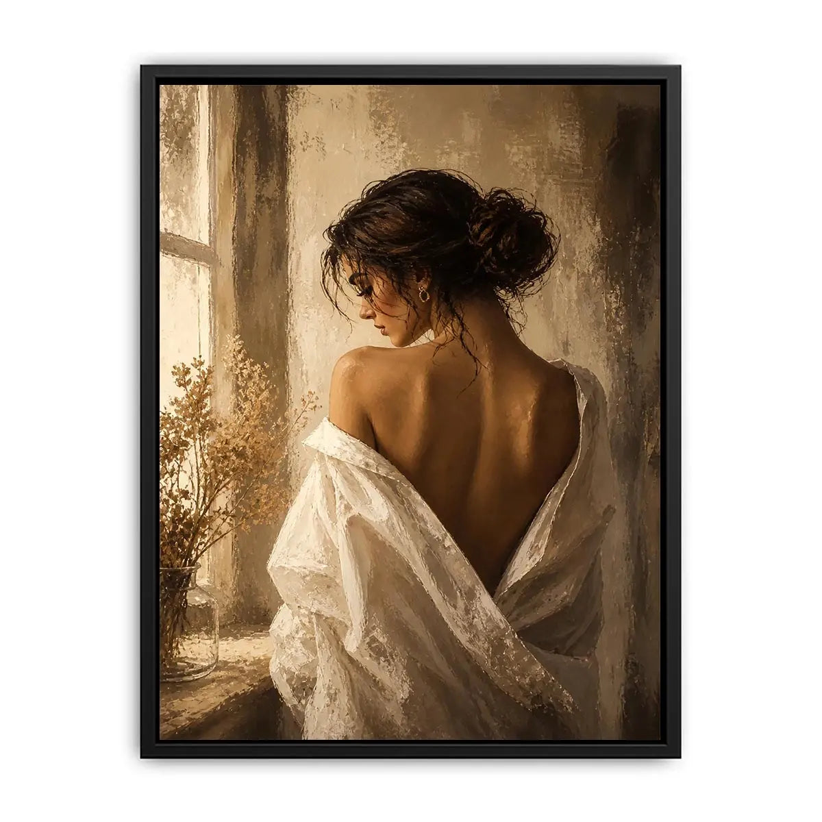 Elegant woman portrait wall art with golden light, feminine luxury canvas print, neutral impressionist painting for bedroom decor