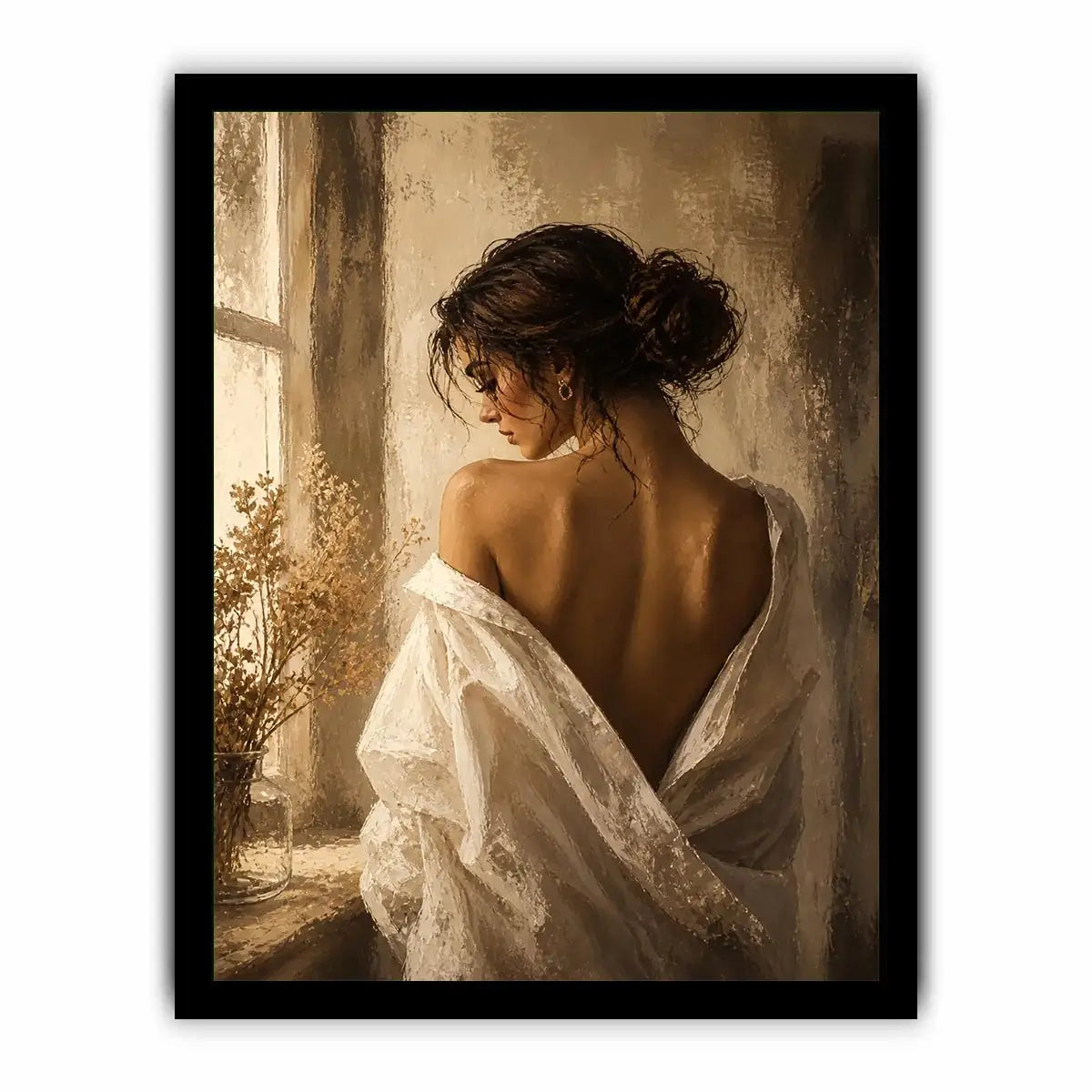 Elegant woman portrait wall art with golden light, feminine luxury canvas print, neutral impressionist painting for bedroom decor