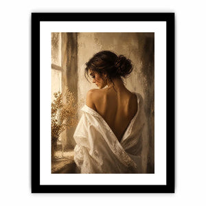 Elegant woman portrait wall art with golden light, feminine luxury canvas print, neutral impressionist painting for bedroom decor