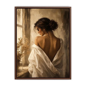 Elegant woman portrait wall art with golden light, feminine luxury canvas print, neutral impressionist painting for bedroom decor