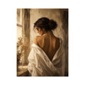 Elegant woman portrait wall art with golden light, feminine luxury canvas print, neutral impressionist painting for bedroom decor