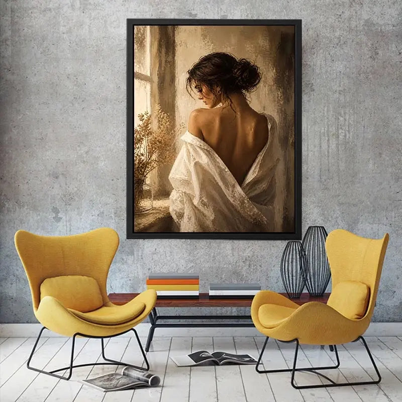 Elegant woman portrait wall art with golden light, feminine luxury canvas print, neutral impressionist painting for bedroom decor