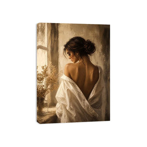 Elegant woman portrait wall art with golden light, feminine luxury canvas print, neutral impressionist painting for bedroom decor