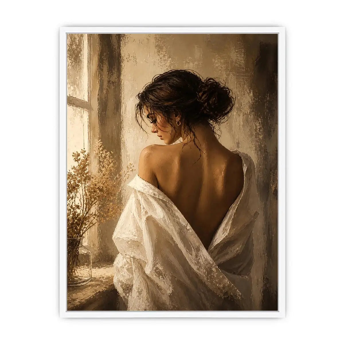 Elegant woman portrait wall art with golden light, feminine luxury canvas print, neutral impressionist painting for bedroom decor