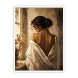 Elegant woman portrait wall art with golden light, feminine luxury canvas print, neutral impressionist painting for bedroom decor