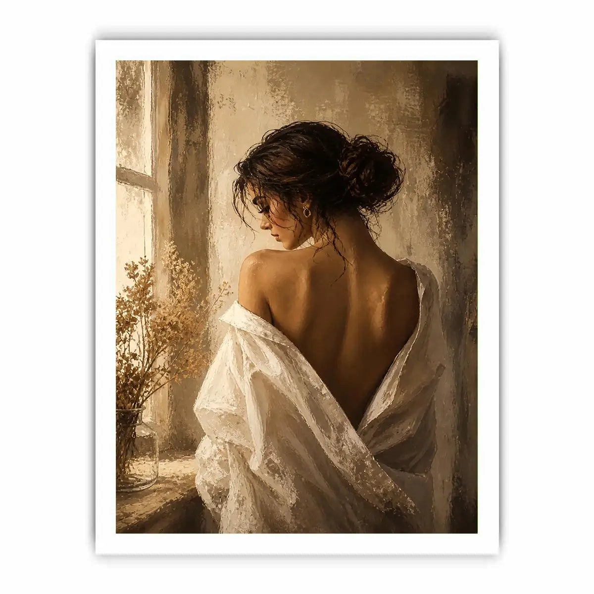 Elegant woman portrait wall art with golden light, feminine luxury canvas print, neutral impressionist painting for bedroom decor