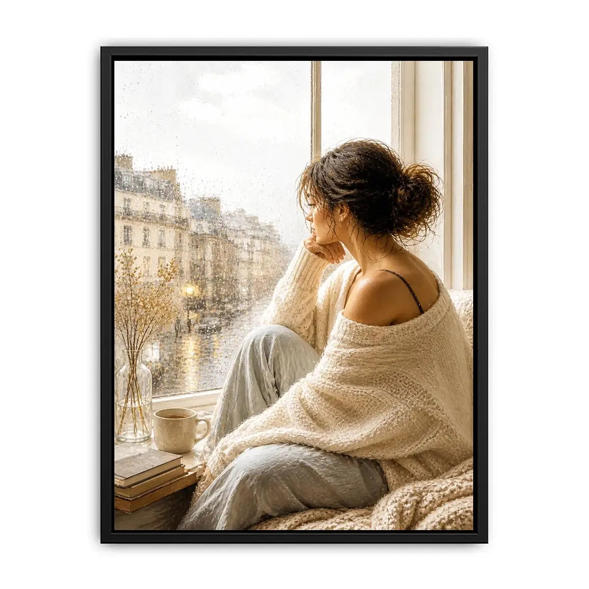 Woman by rainy Paris window wall art, cozy neutral canvas print, elegant feminine painting for bedroom and living room decor