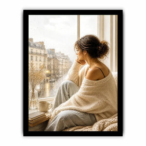 Woman by rainy Paris window wall art, cozy neutral canvas print, elegant feminine painting for bedroom and living room decor
