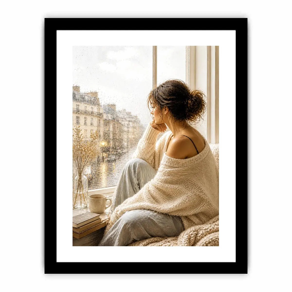 Woman by rainy Paris window wall art, cozy neutral canvas print, elegant feminine painting for bedroom and living room decor