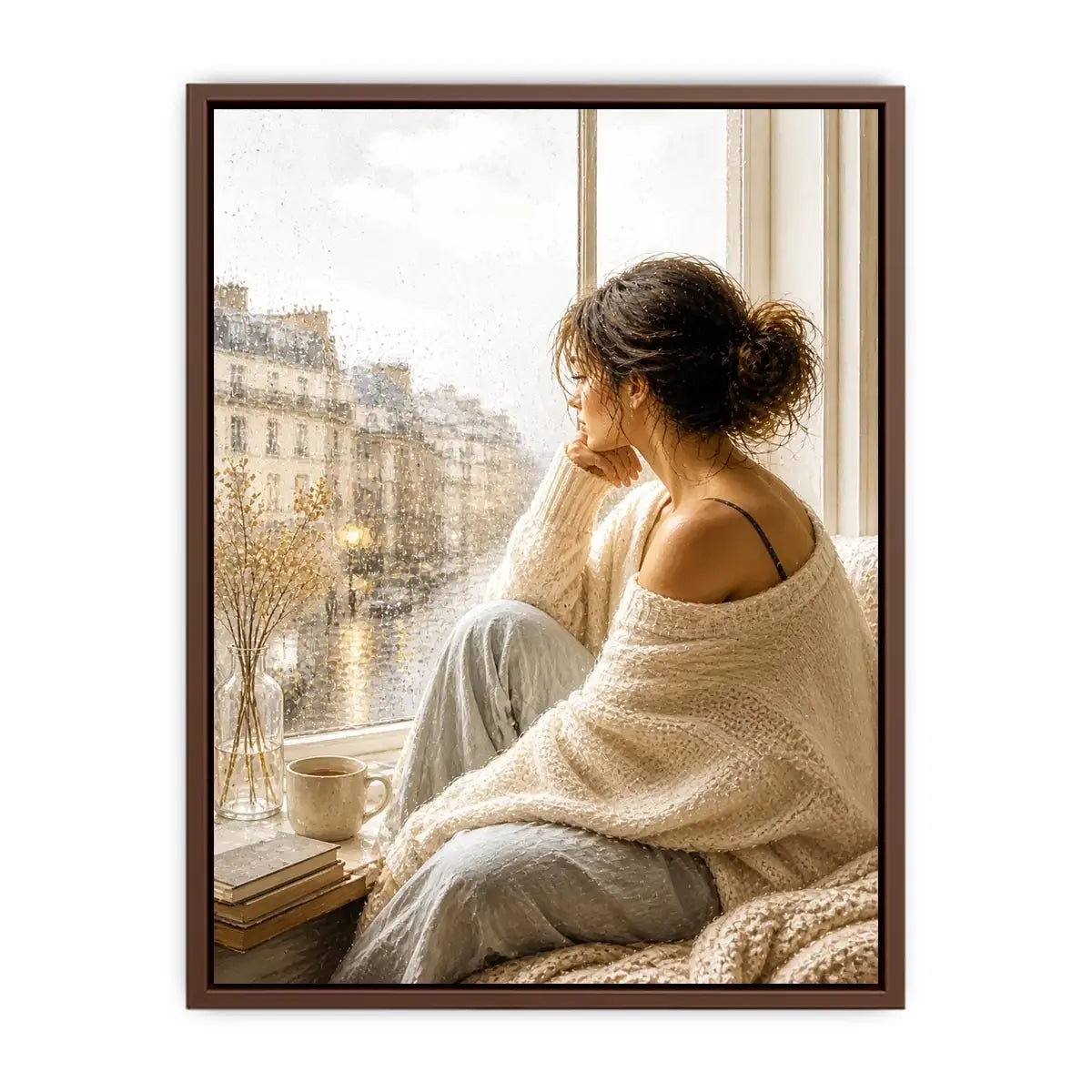 Woman by rainy Paris window wall art, cozy neutral canvas print, elegant feminine painting for bedroom and living room decor