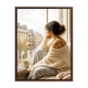 Woman by rainy Paris window wall art, cozy neutral canvas print, elegant feminine painting for bedroom and living room decor