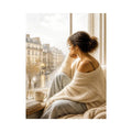 Woman by rainy Paris window wall art, cozy neutral canvas print, elegant feminine painting for bedroom and living room decor