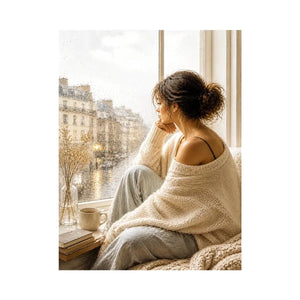 Woman by rainy Paris window wall art, cozy neutral canvas print, elegant feminine painting for bedroom and living room decor