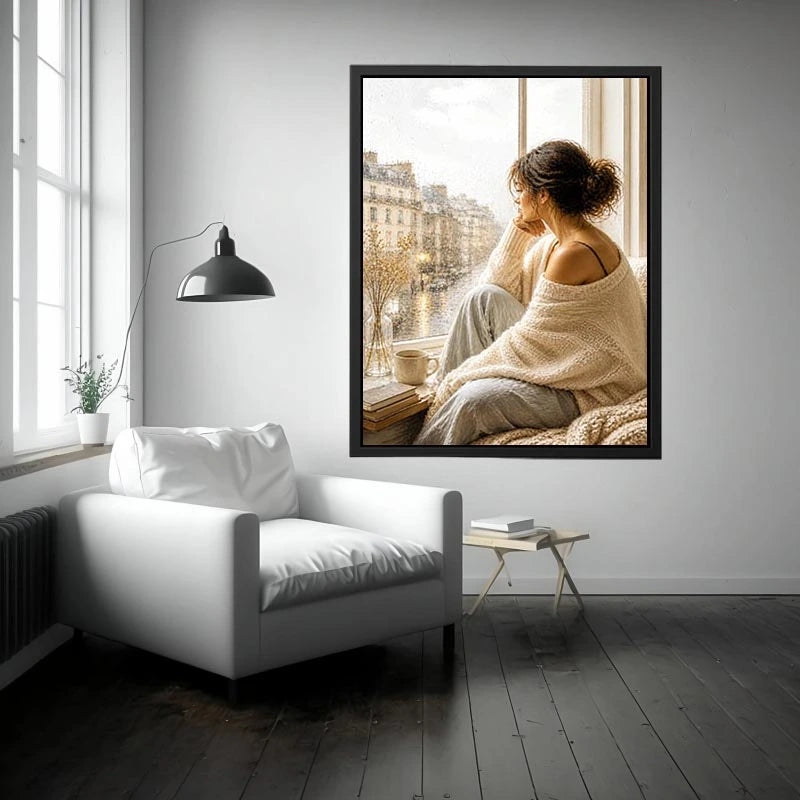 Woman by rainy Paris window wall art, cozy neutral canvas print, elegant feminine painting for bedroom and living room decor