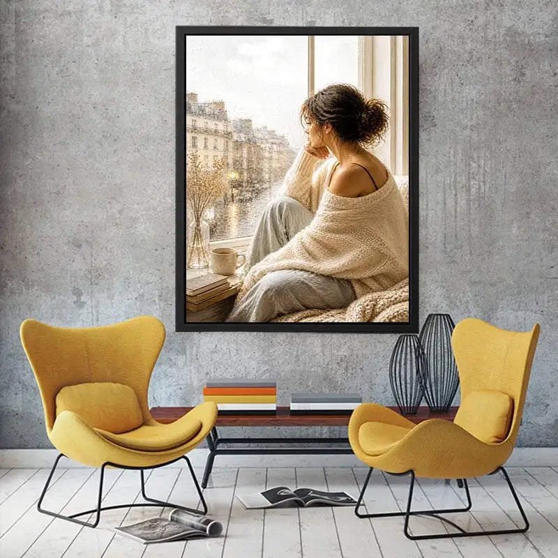 Woman by rainy Paris window wall art, cozy neutral canvas print, elegant feminine painting for bedroom and living room decor