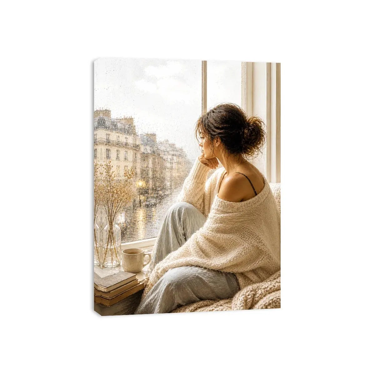 Woman by rainy Paris window wall art, cozy neutral canvas print, elegant feminine painting for bedroom and living room decor