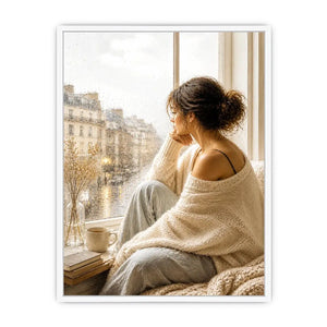 Woman by rainy Paris window wall art, cozy neutral canvas print, elegant feminine painting for bedroom and living room decor