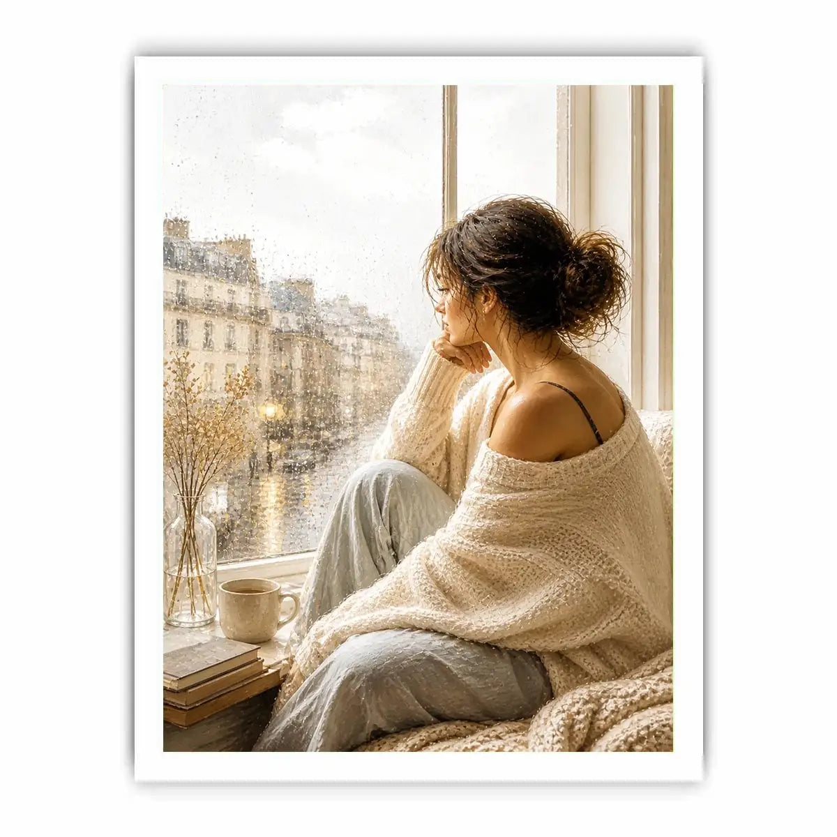 Woman by rainy Paris window wall art, cozy neutral canvas print, elegant feminine painting for bedroom and living room decor
