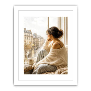 Woman by rainy Paris window wall art, cozy neutral canvas print, elegant feminine painting for bedroom and living room decor