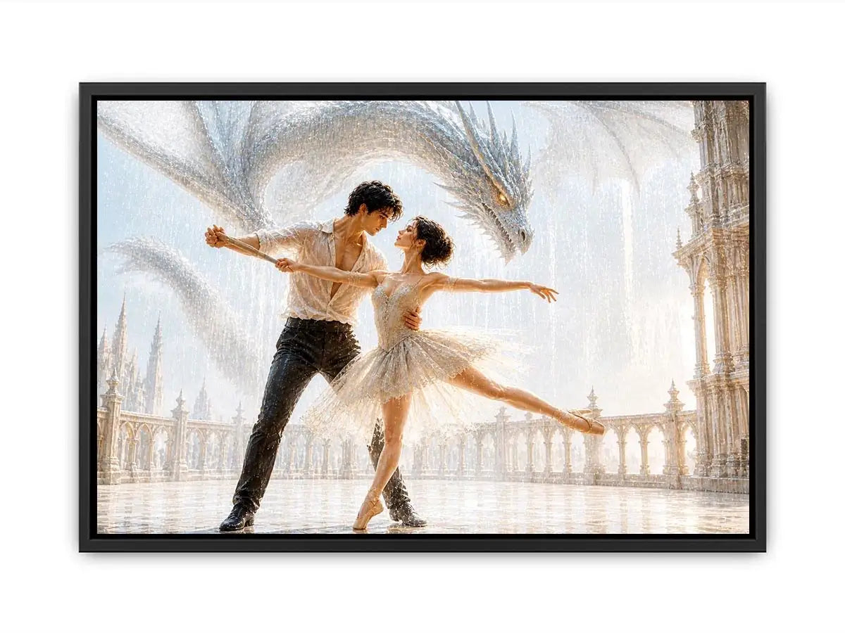 Fantasy dragon ballet wall art with dancing couple, elegant dragon canvas print, romantic fantasy painting for luxury home decor