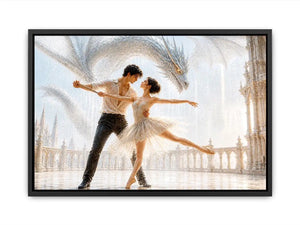 Fantasy dragon ballet wall art with dancing couple, elegant dragon canvas print, romantic fantasy painting for luxury home decor