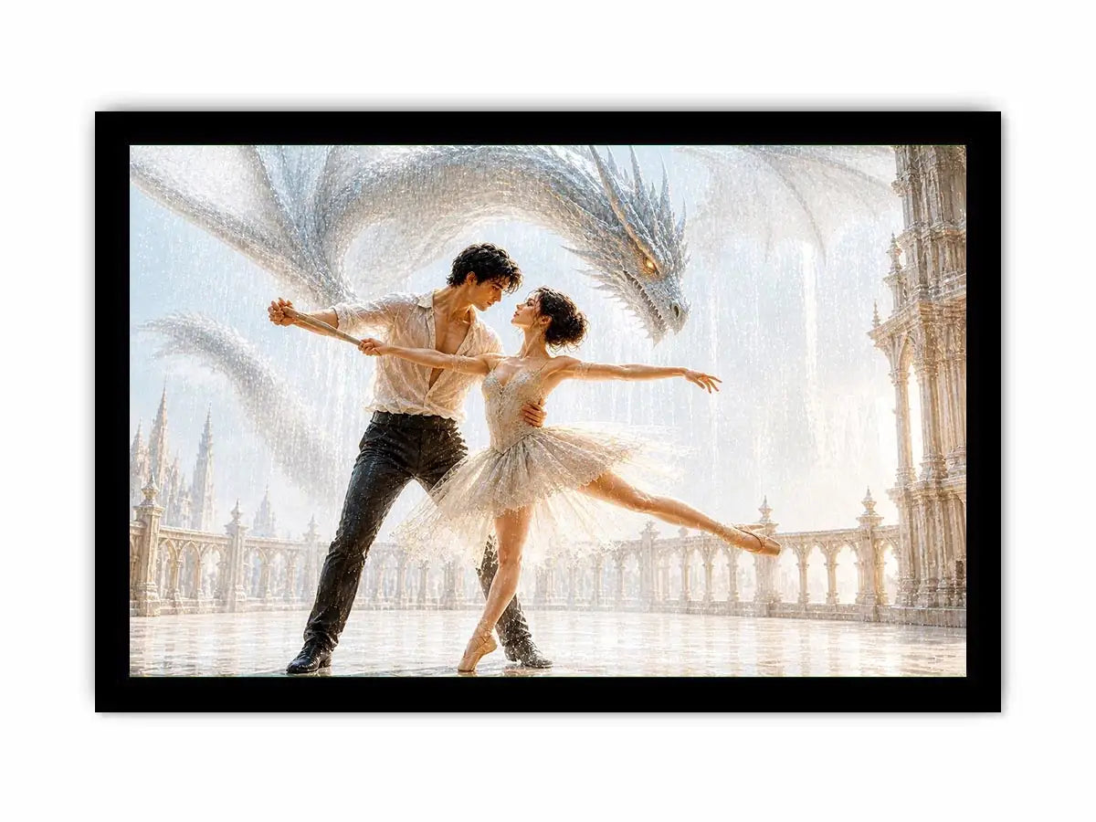 Fantasy dragon ballet wall art with dancing couple, elegant dragon canvas print, romantic fantasy painting for luxury home decor