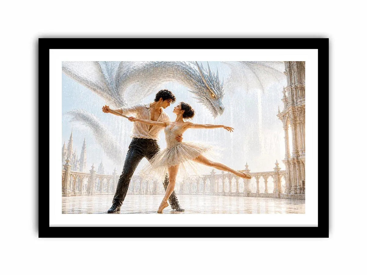 Fantasy dragon ballet wall art with dancing couple, elegant dragon canvas print, romantic fantasy painting for luxury home decor