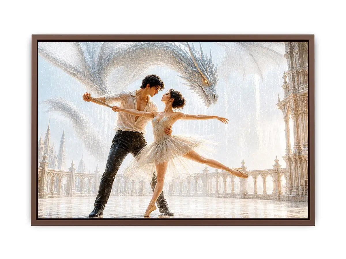 Fantasy dragon ballet wall art with dancing couple, elegant dragon canvas print, romantic fantasy painting for luxury home decor
