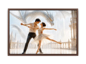 Fantasy dragon ballet wall art with dancing couple, elegant dragon canvas print, romantic fantasy painting for luxury home decor