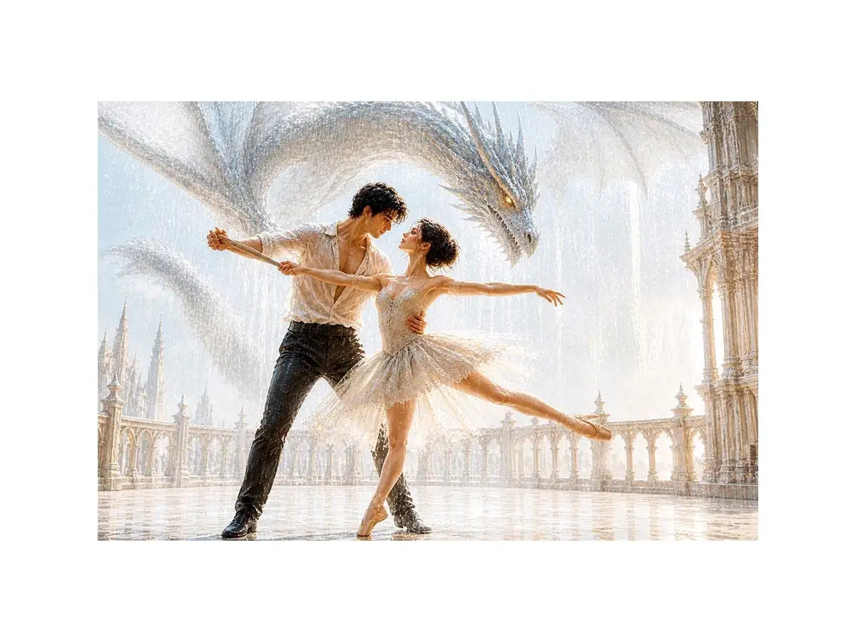 Fantasy dragon ballet wall art with dancing couple, elegant dragon canvas print, romantic fantasy painting for luxury home decor