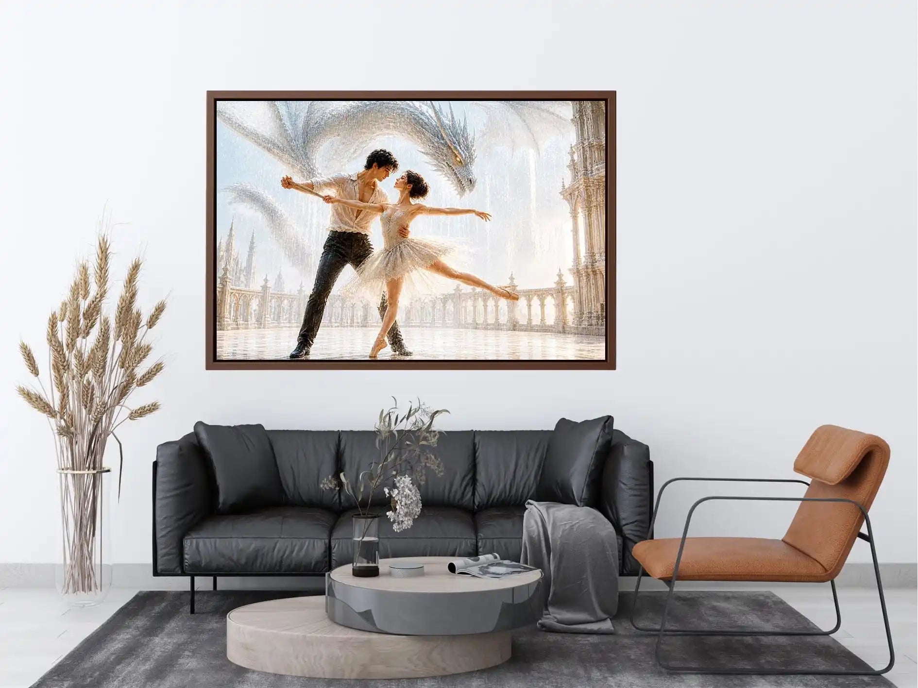 Fantasy dragon ballet wall art with dancing couple, elegant dragon canvas print, romantic fantasy painting for luxury home decor