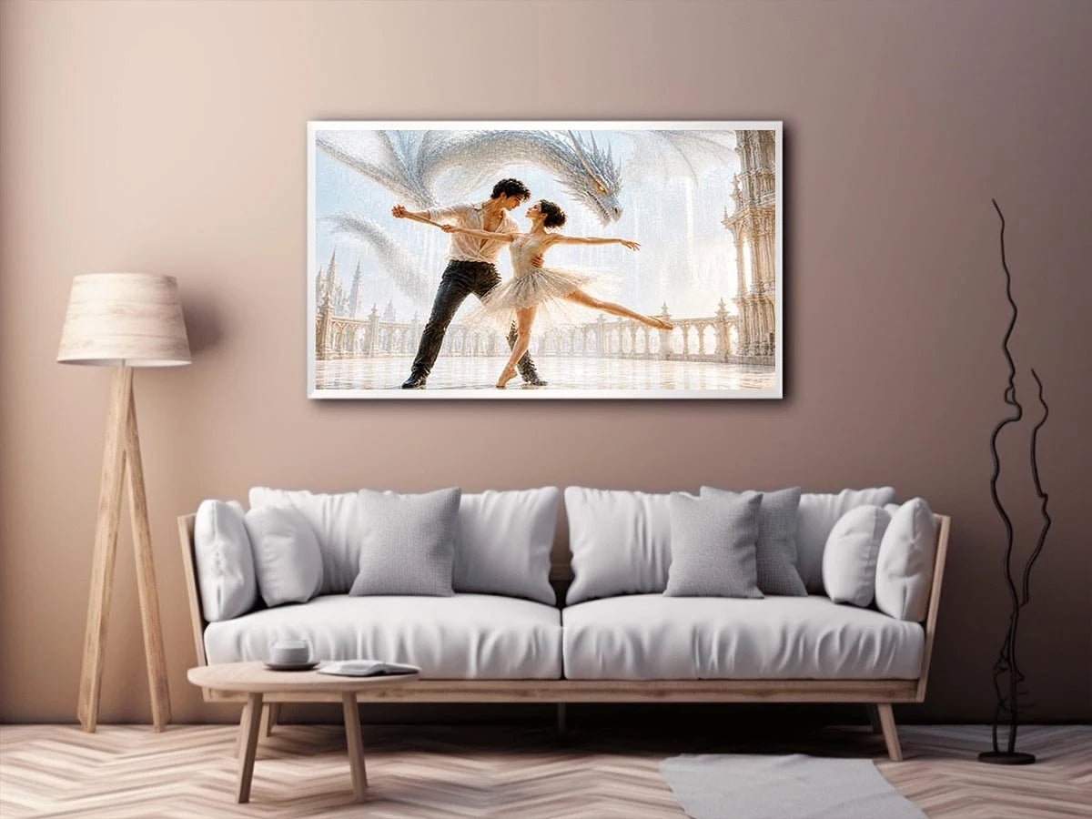 Fantasy dragon ballet wall art with dancing couple, elegant dragon canvas print, romantic fantasy painting for luxury home decor