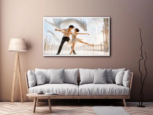 Fantasy dragon ballet wall art with dancing couple, elegant dragon canvas print, romantic fantasy painting for luxury home decor