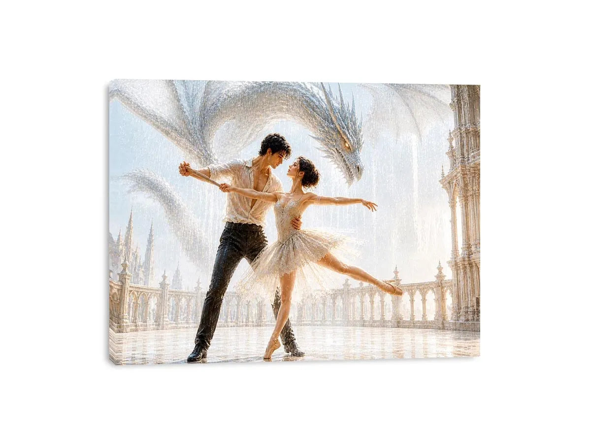Fantasy dragon ballet wall art with dancing couple, elegant dragon canvas print, romantic fantasy painting for luxury home decor
