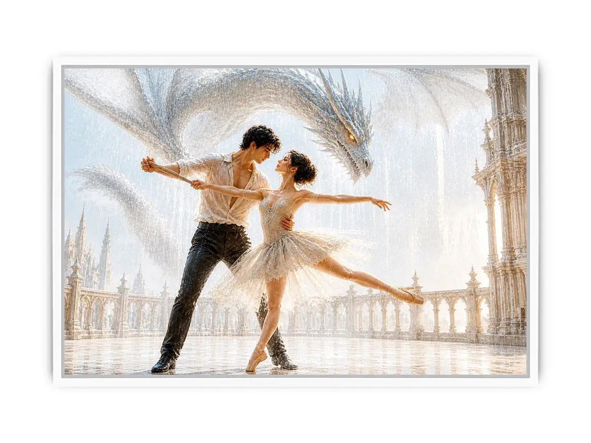 Fantasy dragon ballet wall art with dancing couple, elegant dragon canvas print, romantic fantasy painting for luxury home decor