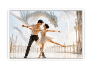 Fantasy dragon ballet wall art with dancing couple, elegant dragon canvas print, romantic fantasy painting for luxury home decor