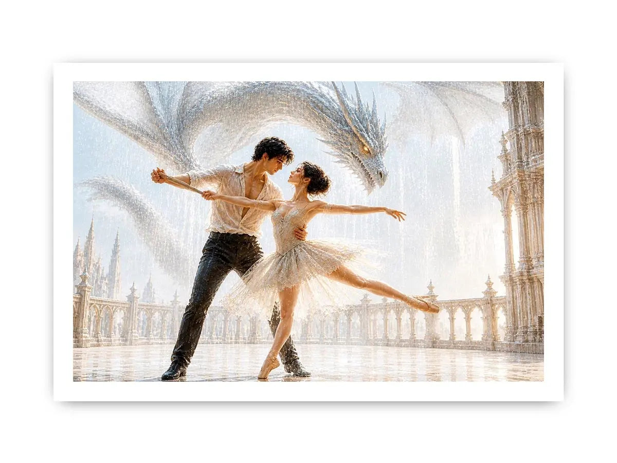 Fantasy dragon ballet wall art with dancing couple, elegant dragon canvas print, romantic fantasy painting for luxury home decor