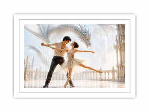 Fantasy dragon ballet wall art with dancing couple, elegant dragon canvas print, romantic fantasy painting for luxury home decor