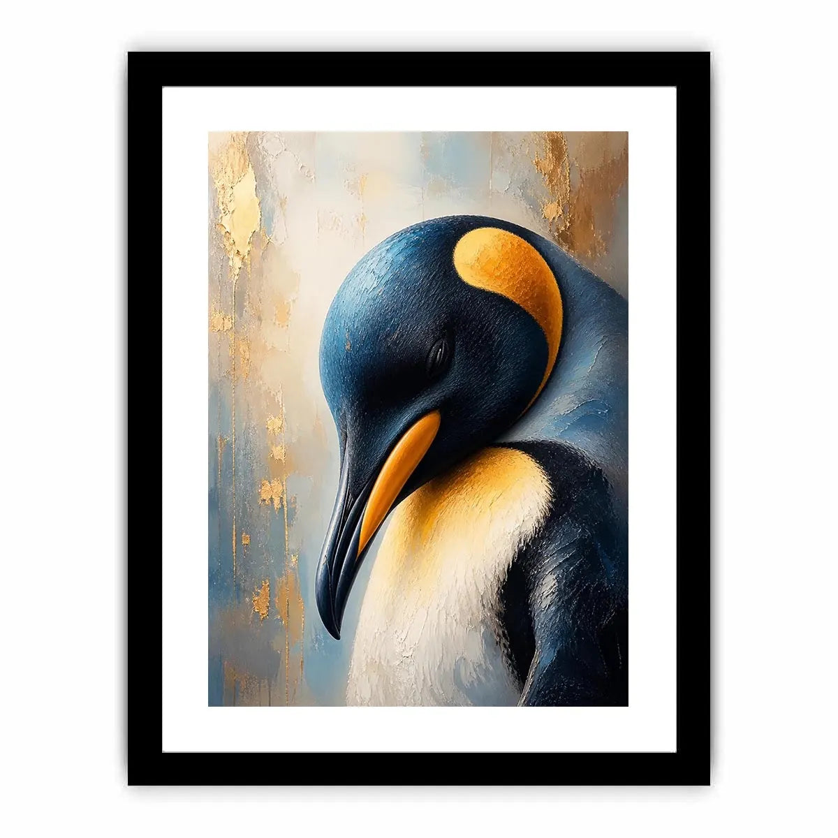 Elegant emperor penguin portrait wall art with textured navy blue feathers, soft ivory tones, and luxurious gold accents in a modern contemporary wildlife canvas painting.