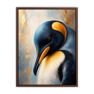 Elegant emperor penguin portrait wall art with textured navy blue feathers, soft ivory tones, and luxurious gold accents in a modern contemporary wildlife canvas painting.