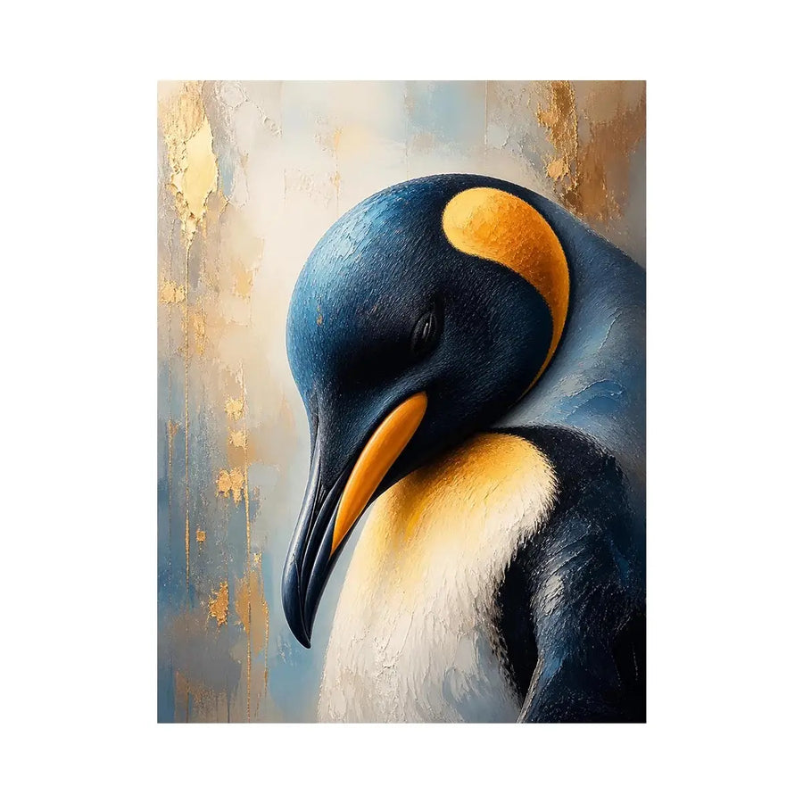 Elegant emperor penguin portrait wall art with textured navy blue feathers, soft ivory tones, and luxurious gold accents in a modern contemporary wildlife canvas painting.