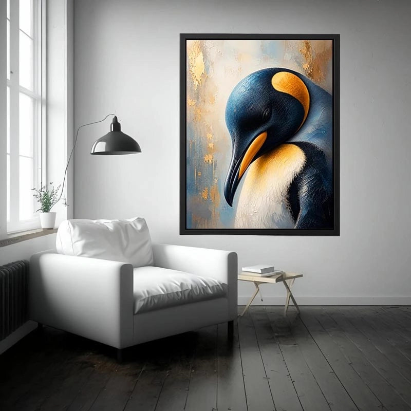 Elegant emperor penguin portrait wall art with textured navy blue feathers, soft ivory tones, and luxurious gold accents in a modern contemporary wildlife canvas painting.