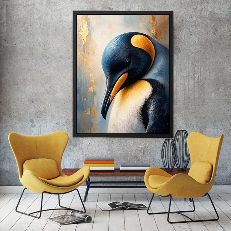Elegant emperor penguin portrait wall art with textured navy blue feathers, soft ivory tones, and luxurious gold accents in a modern contemporary wildlife canvas painting.