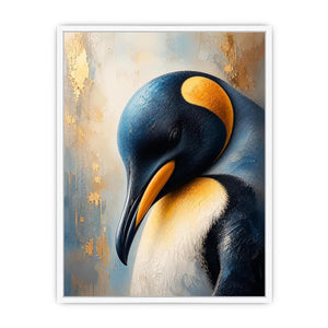 Elegant emperor penguin portrait wall art with textured navy blue feathers, soft ivory tones, and luxurious gold accents in a modern contemporary wildlife canvas painting.