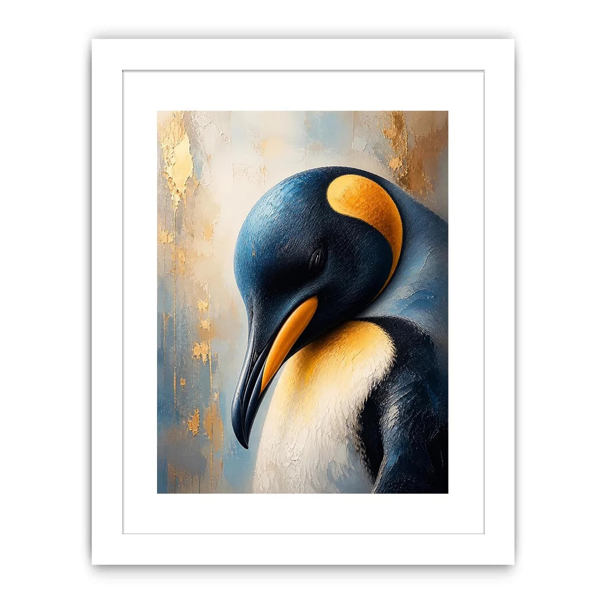 Elegant emperor penguin portrait wall art with textured navy blue feathers, soft ivory tones, and luxurious gold accents in a modern contemporary wildlife canvas painting.