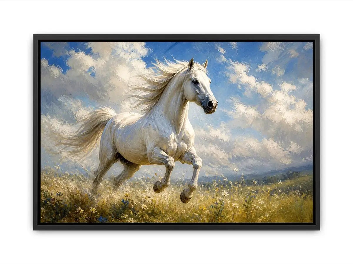 Elegant white horse running through a wildflower meadow under dramatic blue skies in an impressionist countryside landscape painting with soft textured brushwork and serene natural tones.