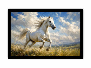 Elegant white horse running through a wildflower meadow under dramatic blue skies in an impressionist countryside landscape painting with soft textured brushwork and serene natural tones.