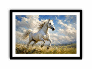Elegant white horse running through a wildflower meadow under dramatic blue skies in an impressionist countryside landscape painting with soft textured brushwork and serene natural tones.